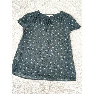 Loft Green Floral Chiffon Short Sleeve Blouse Women's Size Small